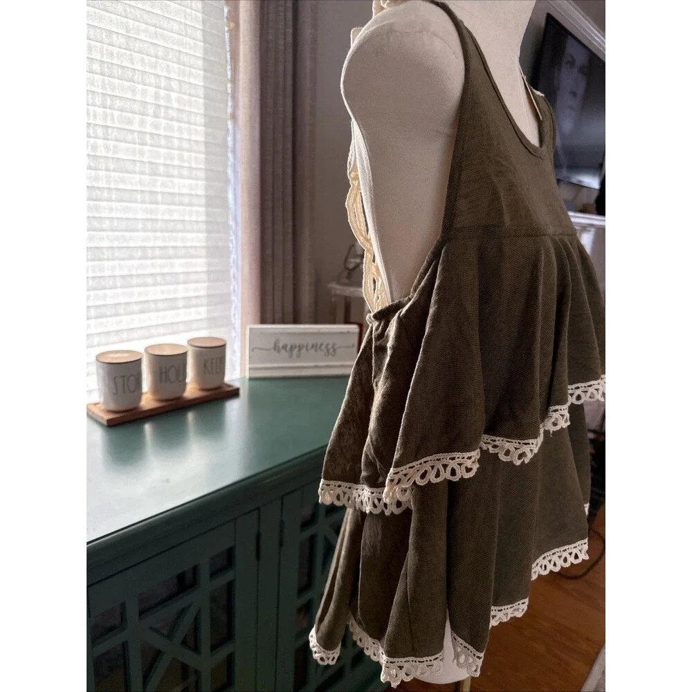 Hayden Los Angeles Sleveless Boho Ruffle Olive Green Hi Lo Top Med - Picture 2 of 10